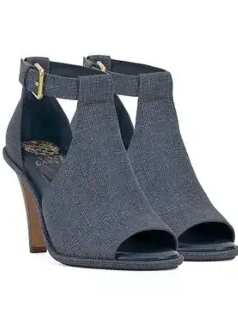 Vince Camuto Linen Embossed Slate Blue Open-Toe T-Strap Heels New in Box 7.5